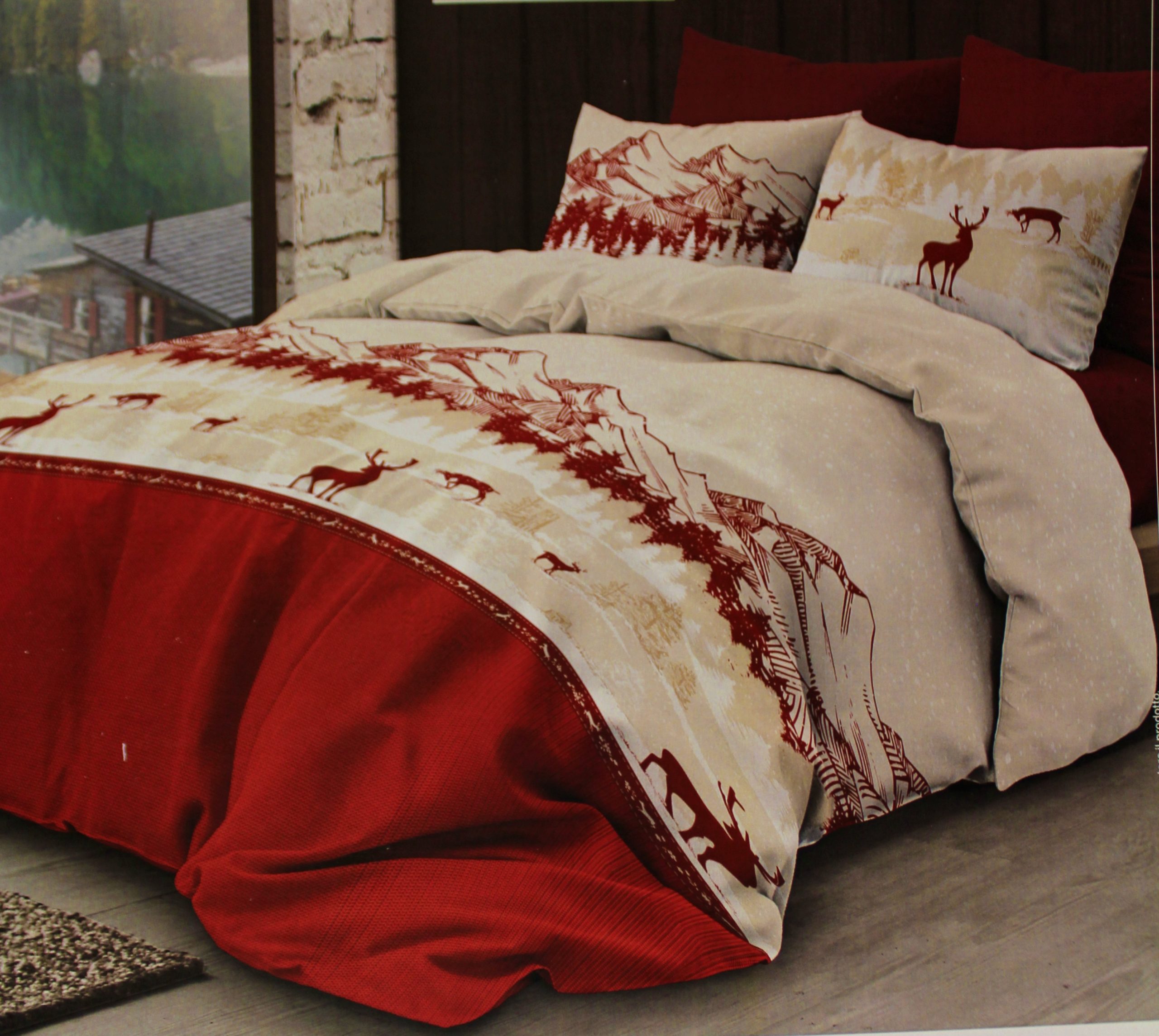 Copripiumino Singolo Alpes Blanc Chalet Winter | 140x200 Cm In 100% Cotone 57 Fili/cm² | Rosso Tinta Unita Con Federa